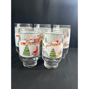 Vintage Christmas Village Tumbler Glasses Set of 5 Cozy Winter SceneSilent night